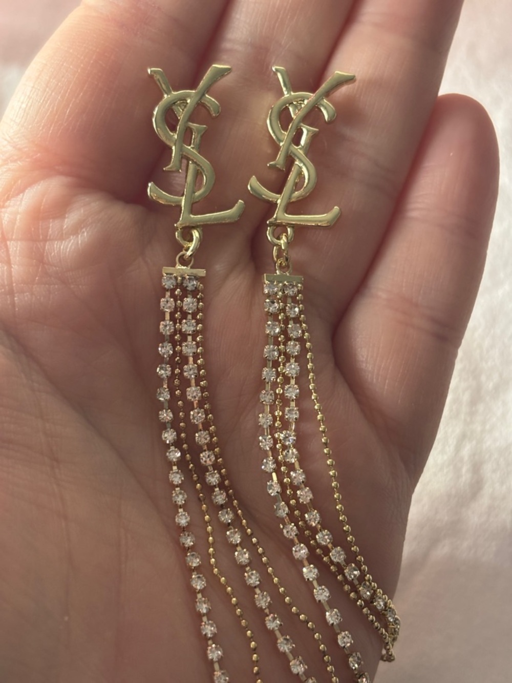 Fashion Jewelry Gold-Tone Logo Drop Earrings with Clear Crystals